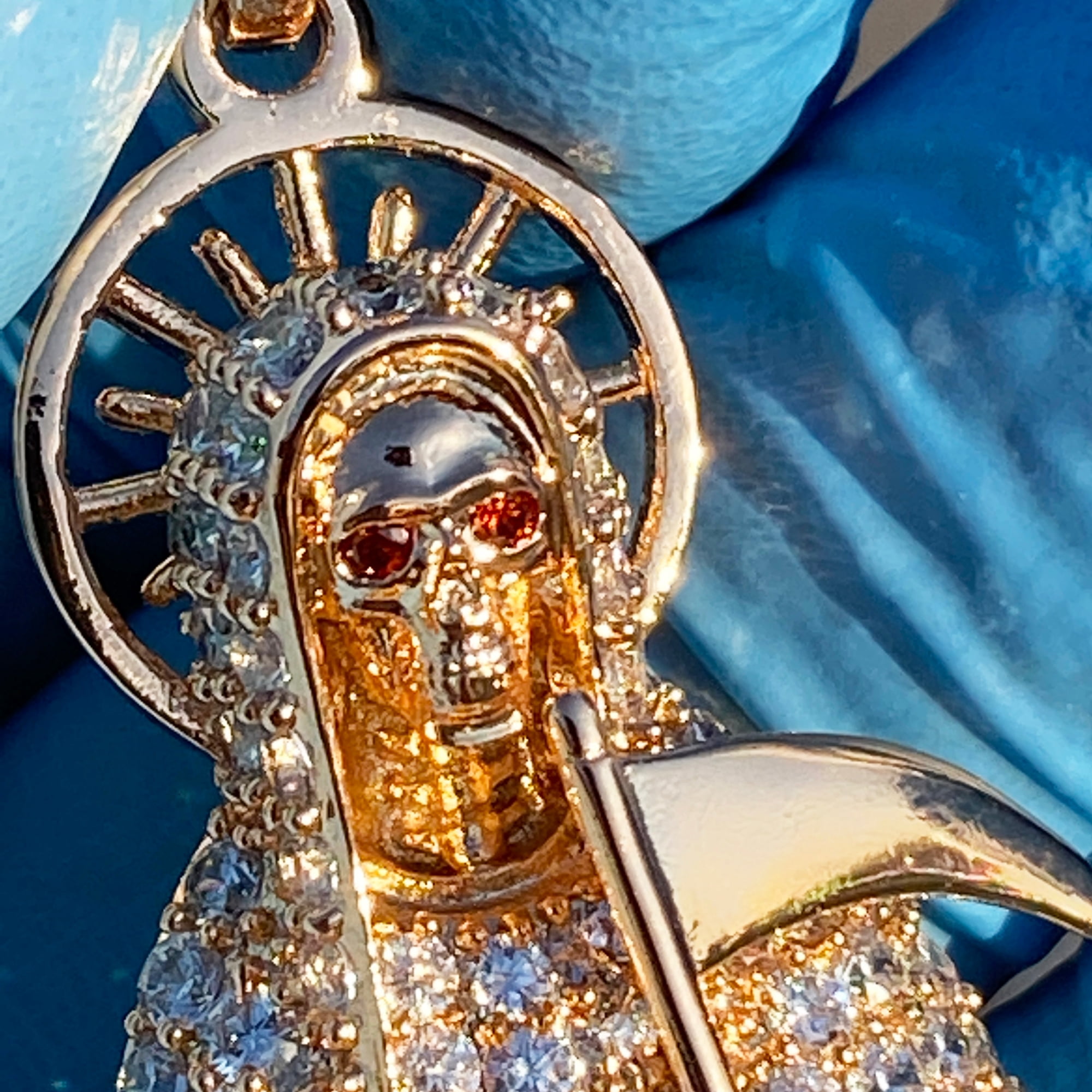 Nuestra Señora De La Santa Muerte Pendant Holy Death Grim Reaper Iced Micro Pave Bling 18k Gold Finish Charm 3.5" inch