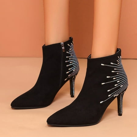 

TALKVE Toe Diamond Thin Short Laceup Fashion Women s Breathable Leather Heels Shoes High Round Boots Women s Boots