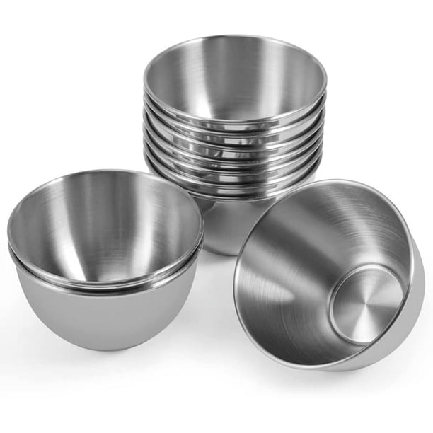 Paquete de 10 platos para salsa de acero inoxidable de 3,3 pulgadas, platillos individuales, cuencos redondos para condimentos, cuencos para mojar sushi, color plateado