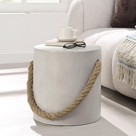 Gzxs Concrete Side Table, Round Accent Table Plant Stand w/ Hemp Rope Handle,16'' Decorated End Table for Indoor/Outdoor Use, Gray