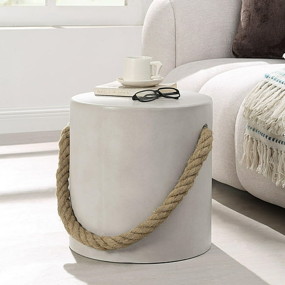 Gzxs Concrete Side Table, Round Accent Table Plant Stand w/ Hemp Rope Handle,16'' Decorated End Table for Indoor/Outdoor Use, Gray
