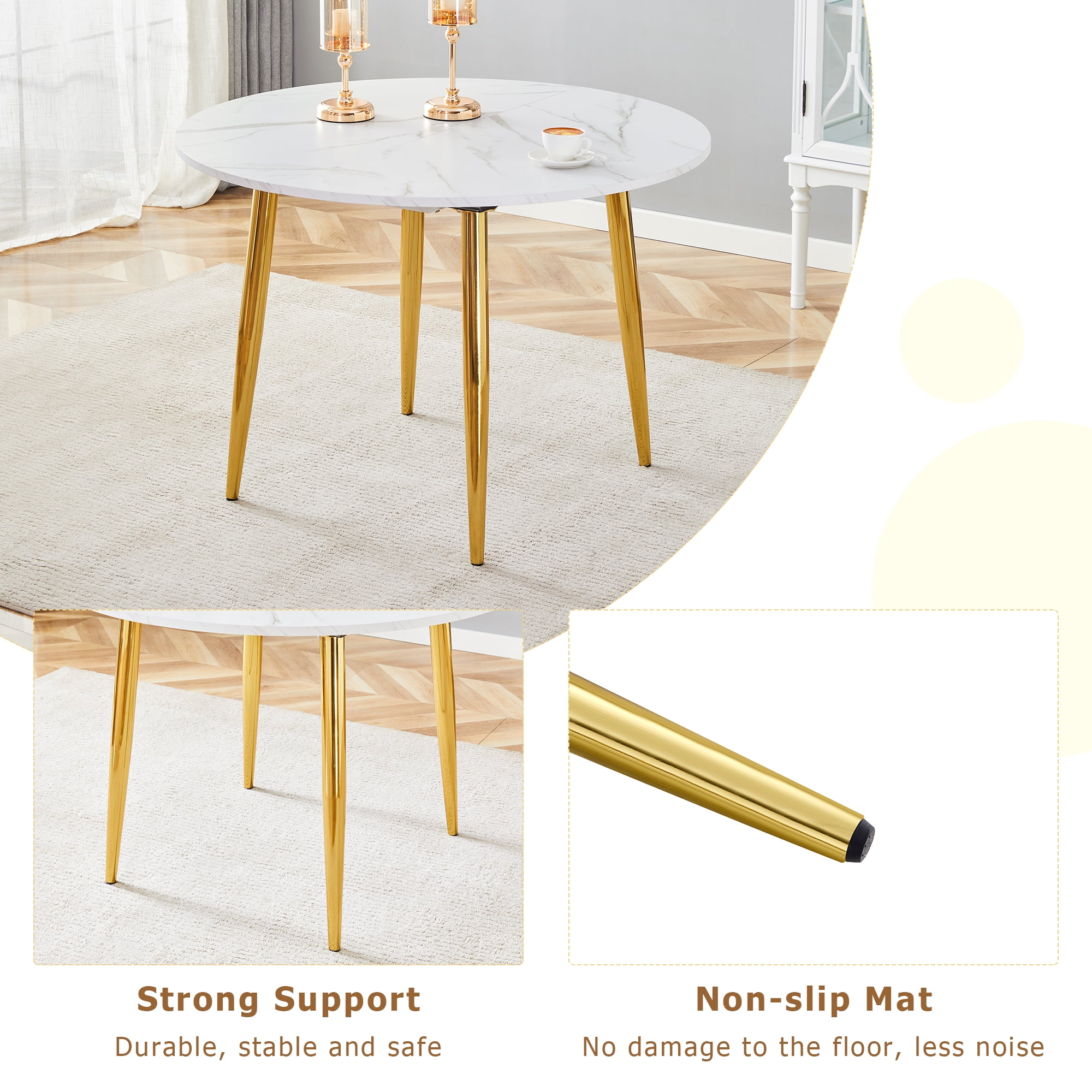 Mintazer Extendable Round to Oval Dining Table with White Marble Vein MDF Top & Gold Metal Legs, Modern Kitchen Table for 4-6 People, White