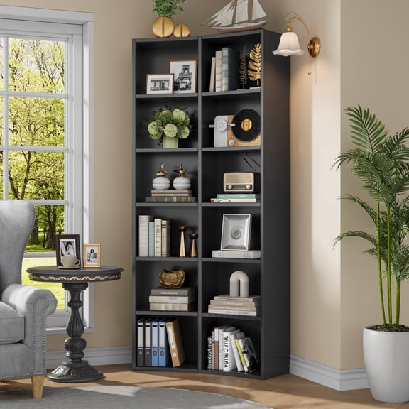 Cikuso 71" Tall Curved Bookcase, 12-Cube Double Width Bookshelf Dispaly Cabinet, Freestanding Corner Bookcase for Living Room, Home Office, Black