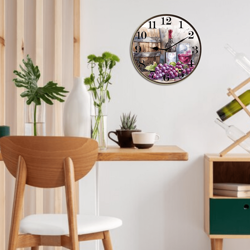 Kurmntregon Wine Wall Clock Winery Bar Decorative Wall Clock Wooden Bathroom Clock Battery Operated Non Ticking Silent Clocks Living Room Decorative Clock Round 10inch