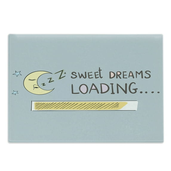 Saying Cutting Board, Dreams Loading Concept with Progress Bar Design and Funny Moon Asleep, Decorative Tempered Glass Cutting and Serving Board, Large Size, Multicolor, by Ambesonne
