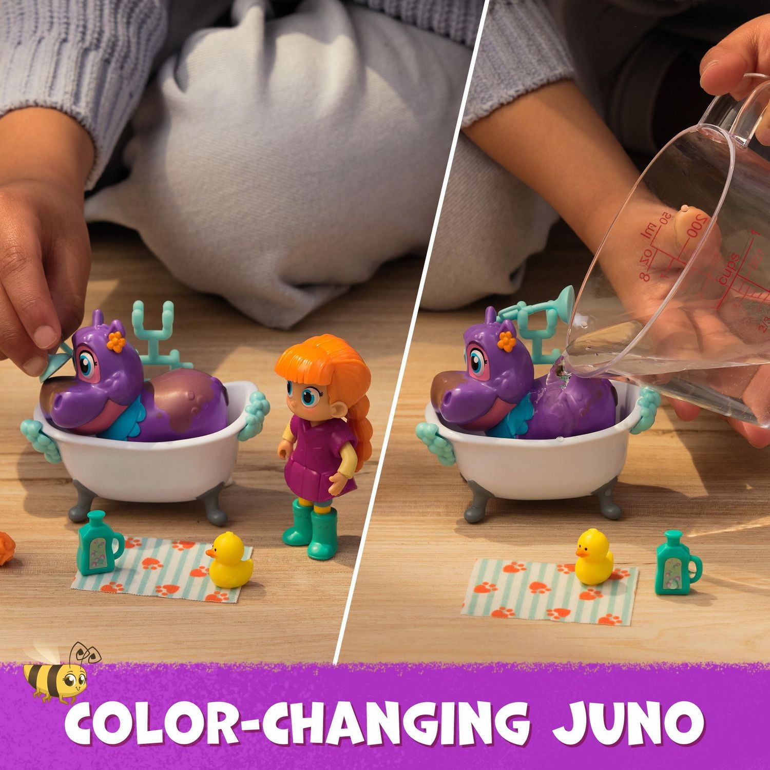 Vida la Véto, Coffret Bain moussant de Juno avec figurine de Vida, figurine de Juno qui change de couleur et accessoires médicaux, jouets pour filles et garçons à partir de 3 ans