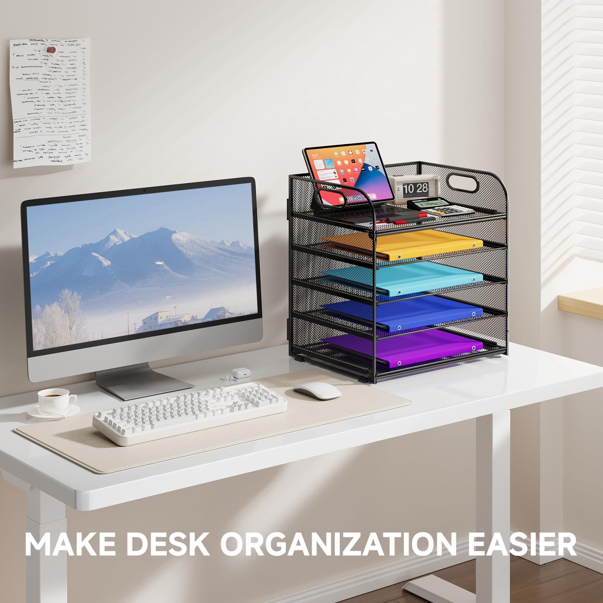5 Tier Paper Organizer With Handle  Black Metal Mesh Desk File Folder Letter Tray Desktop Document Sorter For Classroom School Office Accessories Organization And Storage