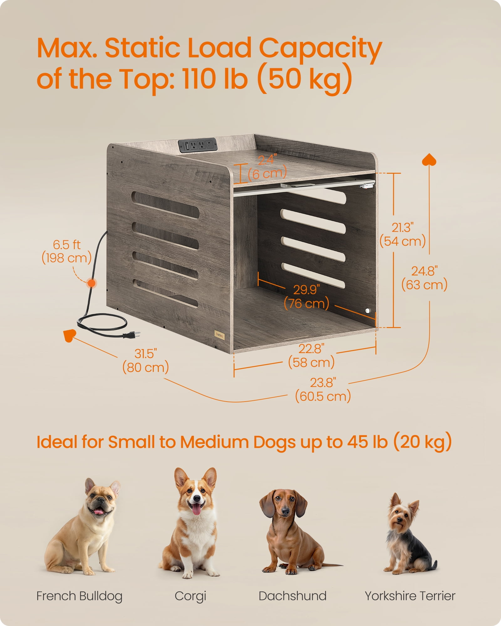 Heather Greige Modern Dog Crate. Has charging station & flip - up acrylic door. Fits small/medium dogs (≤45 lb). Doubles as side end table.