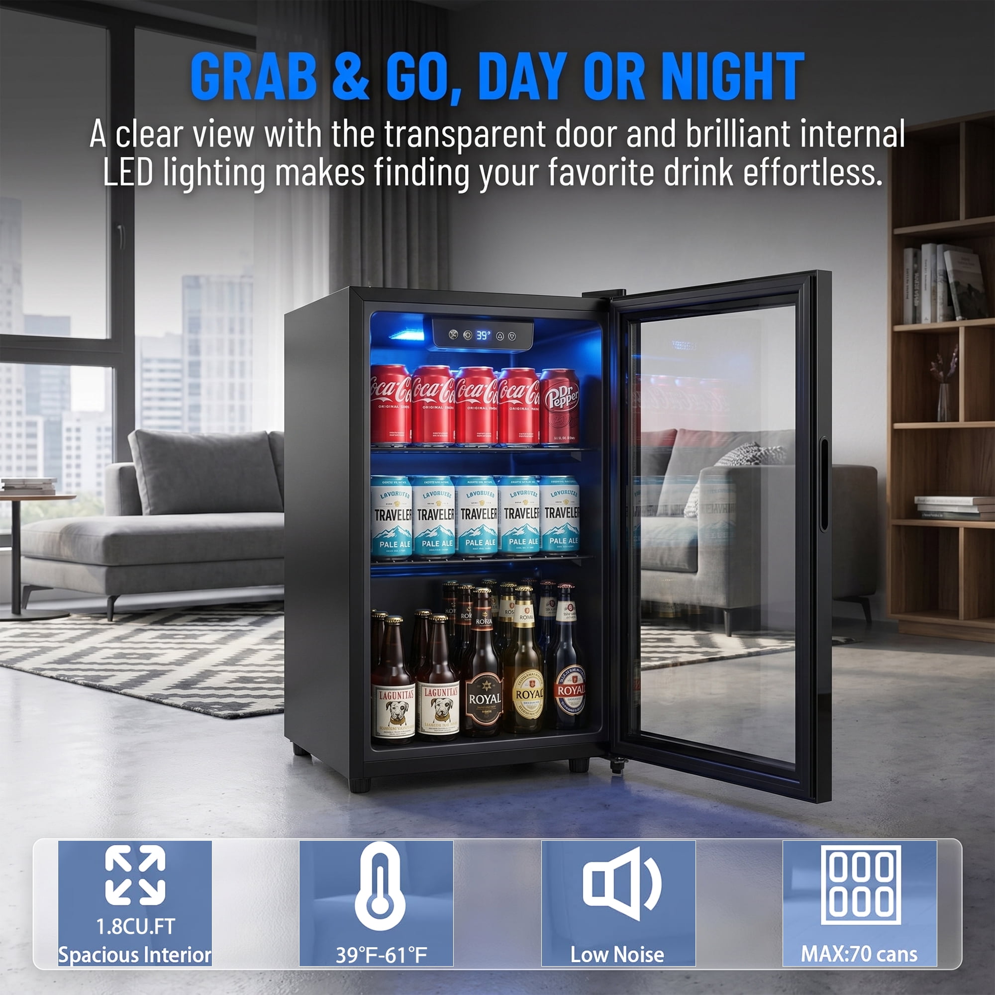 Dawmilon 1.8 Cu Ft Beverage Refrigerator, 70 Can Mini Fridge with Glass Door, Digital Temperature Control, Adjustable Shelves, Quiet Cooler for Beer Soda Wine, Office Dorm