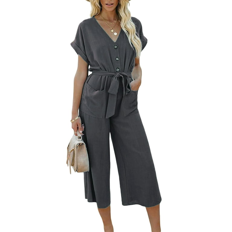 Roy&Chaney Women Cotton Linen Short Sleeve Jumpsuit Casual High