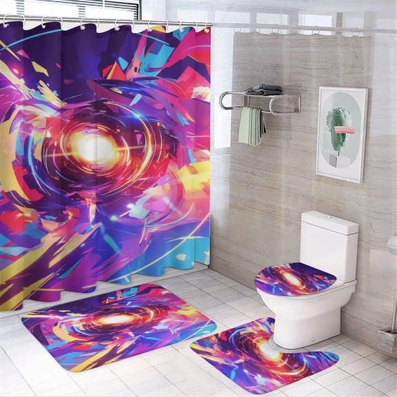 Abstract Oil Painting Shower Curtain Sets with Rugs 4 Piece Rustic