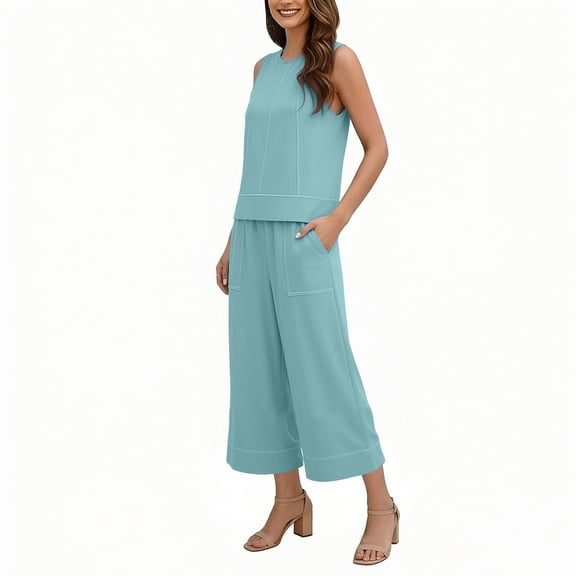hoksml Women's Contrast Stitch Sleeveless Top and Drawstring Culotte Pants Set, 2 Piece Casual Outfit