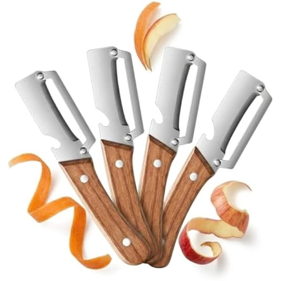 Premium Vegetable Peeler with Wooden Handle and Bottle Opener,Multifunctional Vegetable Peeler,Stainless Steel Blade, for Apple, Potato, Pumpkin, Papaya, Zucchini (4PCS)
