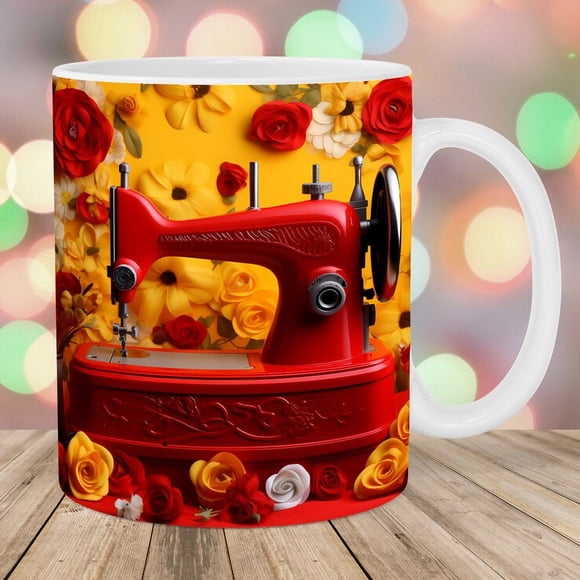 Fiudx Taza de Máquina de Coser Floral, Divertida Taza de Café, Regalo para Amantes de La Costura, Taza Decorativa para El Hogar, La Oficina, La Cocina, Apta para Microondas y Lavavajillas, Cerámica d