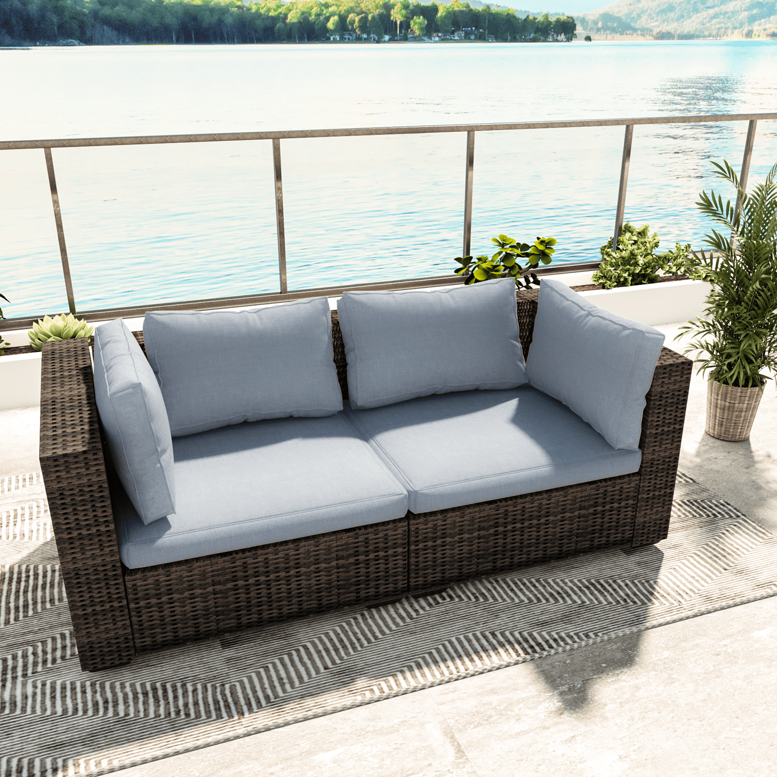 Grezone 2 Pieces Patio Furniture Set, All Weather Outdoor Sectional PE Rattan, Patio Conversation Sets with Cushions and Glass Coffee Table for Garden Lawn Balcony Porch Deck, Gray