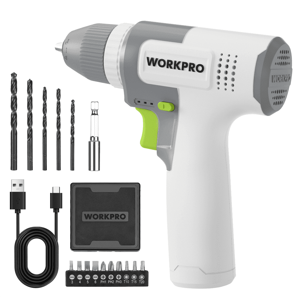 WORKPRO Cordless 8V Drill Driver Set, 2Ah Electric Power Drill with 3/8'' Keyless Chuck, 15pcs Bits & 1 Type-C Charging Cord for Drilling and Screwing,White