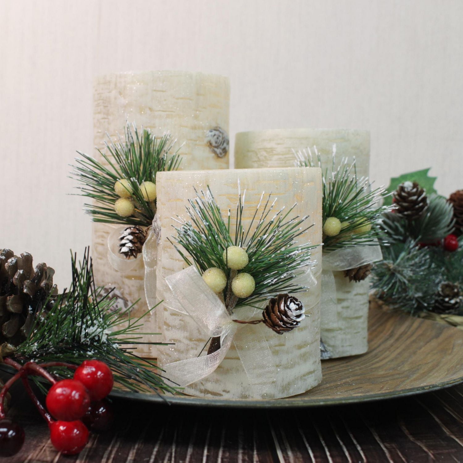 Hometrends Birch Foliage LED Pillar Candle Set with Remote Control