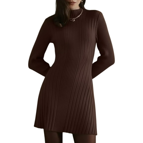 Women Turtle Neck Long Sleeve Bodycon Fall Winter Mini Slim Knit Sweater Dress Brown L
