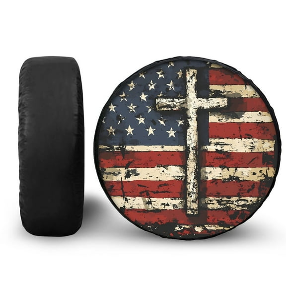 Yuyamidu Cross Spare Tire Cover Wheel Protector American Flag Wheel Covers Patriotic Tyre Cover Universal Fit for Jeep RV SUV Truck Travel Trailer