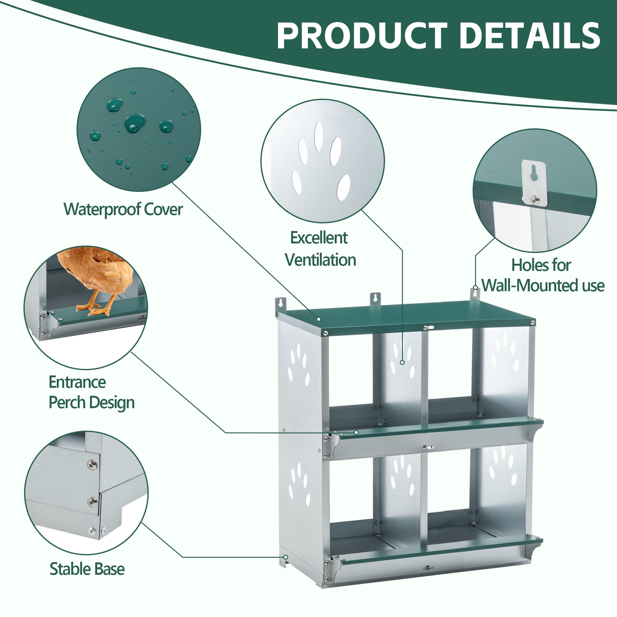 4 Compartment Galvanized Steel Chicken Nesting Boxes, Wall Mount Chicken Egg Laying Box with Sloped Roof & Vents, Green Poultry Nest Box for All Breeds