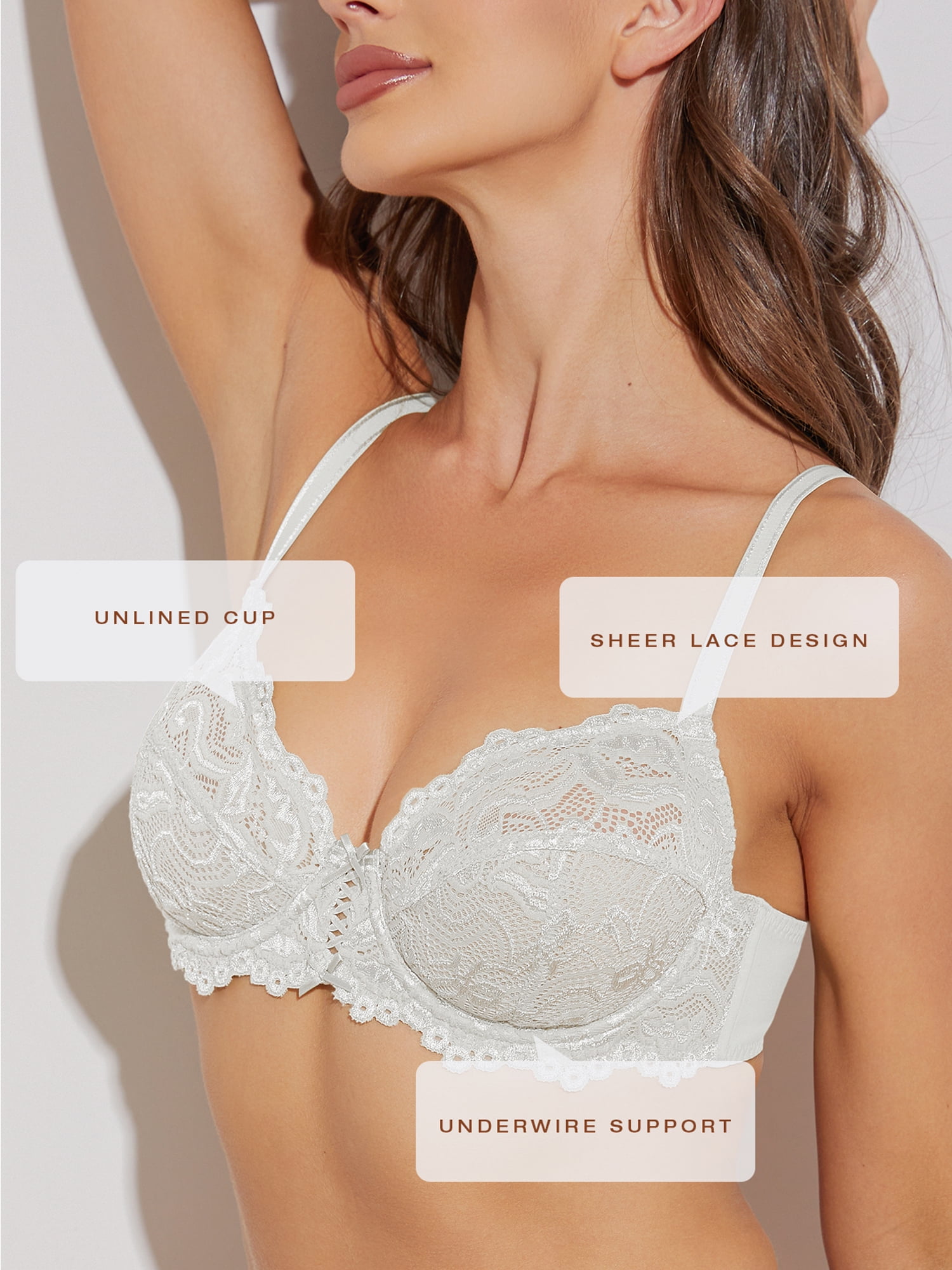 Deyllo Women's Push up Lace Bra Unlined Plus Size Wired Support Unpadded See-Though Bra, White 40D