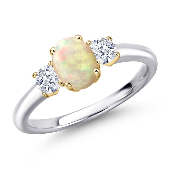 Gem Stone King 10K Two Tone Gold White Ethiopian Opal and White Zirconia Engagement Ring for Women | 1.16 Cttw | Oval Cabochon 7X5MM | Gemstone October Birthstone | Size 6