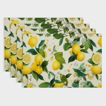 

Pratyus Lemons Leaves Linen Cloth Placemats Set of 4 for Birthday Parties Christmas Restaurants And Buffets - Home Decor Table Accessories 18x12in