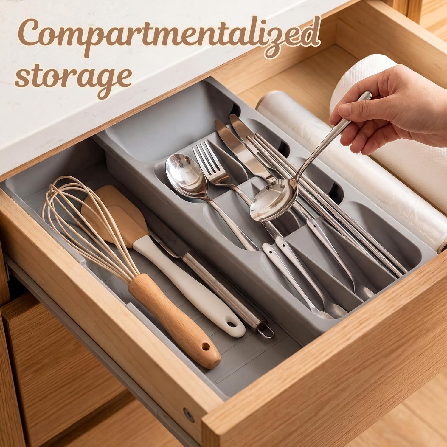 mirlewaiy Expandable Silverware Drawer Organizer Tray, Adjustable Utensil Holder for Kitchen Drawers, BPA-Free Plastic Cutlery and Flatware Storage Divider