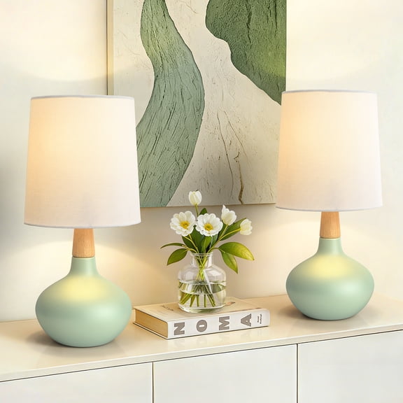 Maxax 14" Green Ceramic Table Lamp Set of 2, Bedside Lamps with Natural Wood Stem and Linen Shade for Bedroom, Living Room, Nightstand