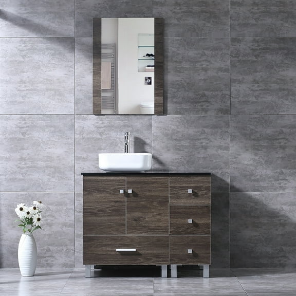 Wonline 36 inches Bathroom Vanity Set Wood Cabinet White Square Ceramic Sink Mirrors Modern Combo