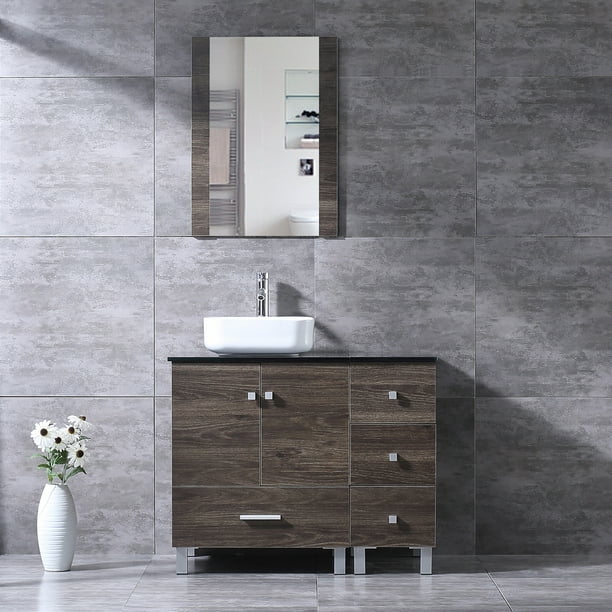 Wonline 36 inches Bathroom Vanity Wood Cabinet White Square Ceramic ...