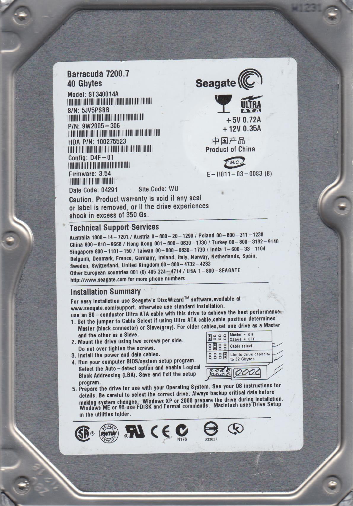 3HV ST380021A PN 9T6006-132 FW 3.75 AMK Seagate 80GB IDE 3.5 Hard Drive 