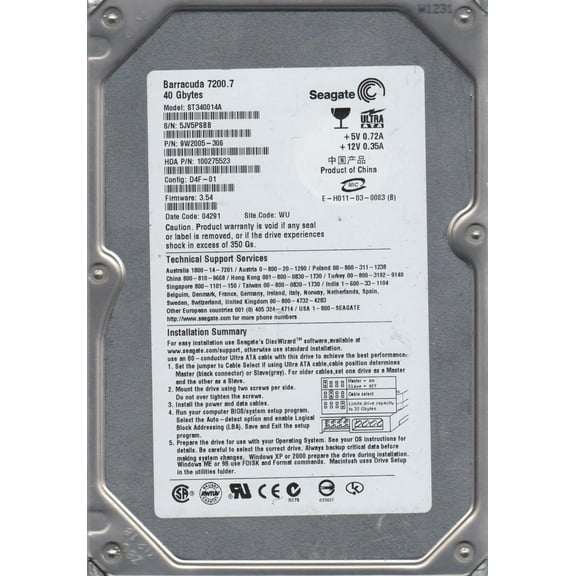 ST340014A, 5JV, WU, PN 9W2005-306, FW 3.54, Seagate 40GB IDE 3.5 Hard Drive