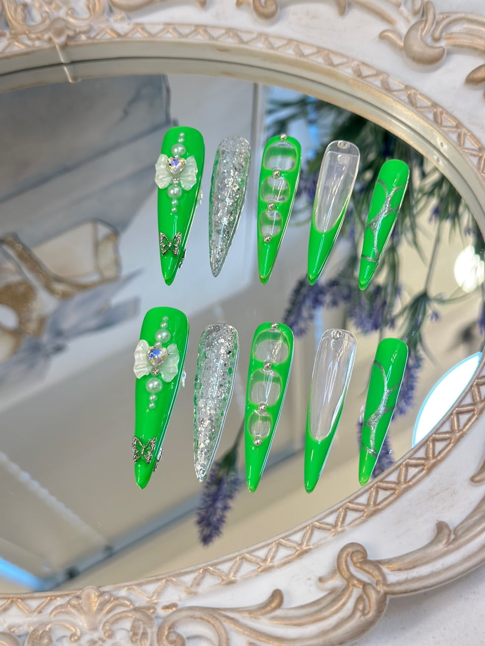 10PCS Neon Green Transparent Stiletto Press-On Nails with 3D Rhinestones & Glitter Extra Long Sculpted Design
