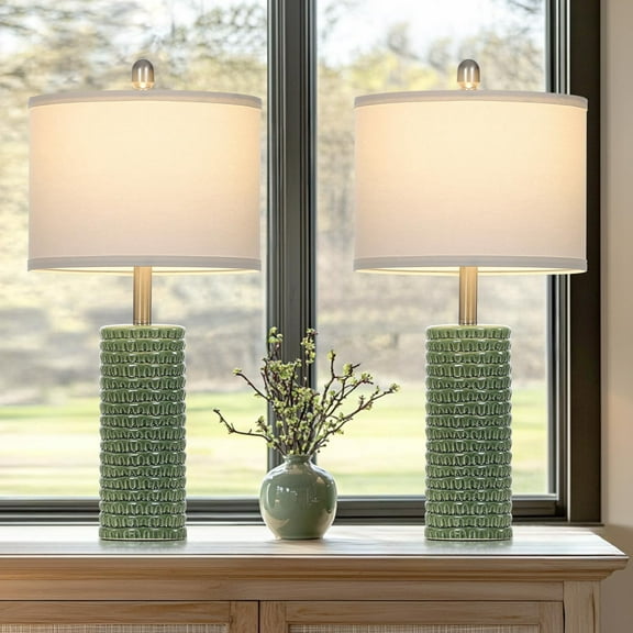 24.5" Green Ceramic Table Lamps Set of 2, Farmhouse Table Lamps for Living Room, Modern Lamps for Bedroom Night Stands, Traditional Nightstand Desk Lamps(LED Bulbs Included)