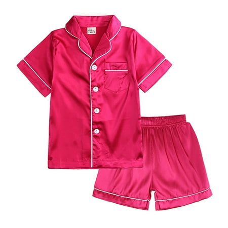 

ZMHEGW Toddler Girl Pajamas Set Satin Silk Ki Ds Short Sleeves Sleepwear 2 Piece Button Down Classic Loungewear Shorts Baby Boy Pajamas