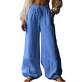 thumbnail image 2 of Women's Cotton Linen Pants, Elastic Waist Wide Leg Trousers with Pockets, Soft Quick-Dry Casual Beach Vacation Pants, Comfortable Streetwear Wide Leg Trousers for Women Blue S, 2 of 4