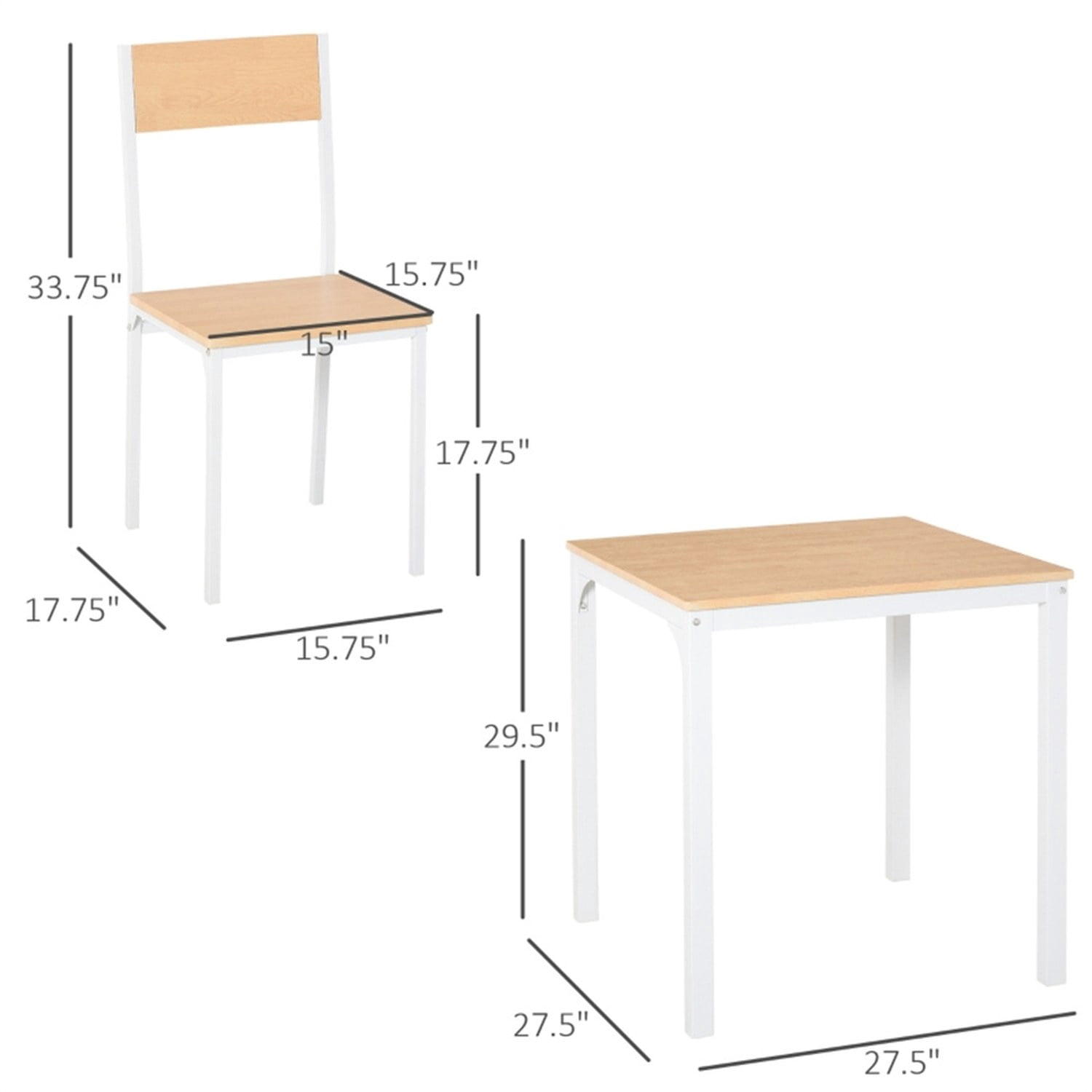 3-Piece Dining Table and Chair Set, White MDF and Steel, 27.5 in Square Table with 2 Chairs