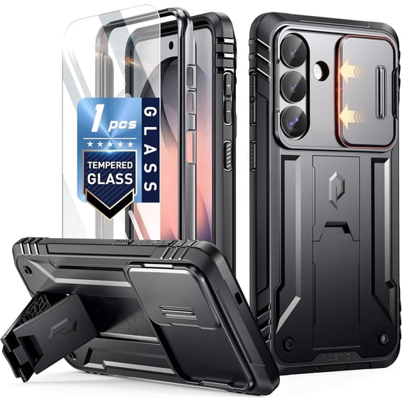 Poetic Revolution Case for Samsung Galaxy S26, [Slide Camera Cover], [20FT Mil-Grade Drop Tested], Full-Body Military Grade Rugged Dual-Layer Shockproof Cover with Kickstand, Black