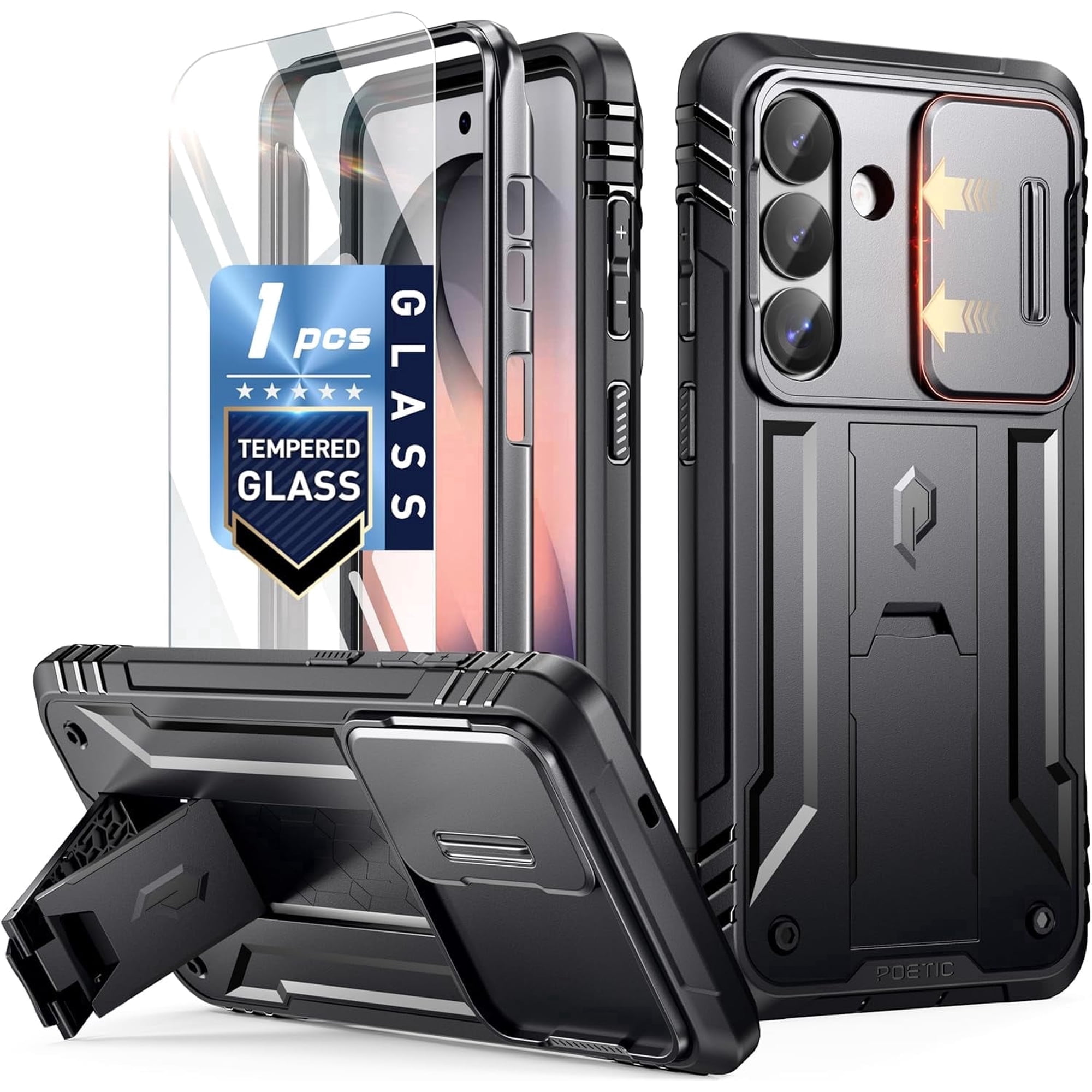 Poetic Revolution Case for Samsung Galaxy S26, [Slide Camera Cover], [20FT Mil-Grade Drop Tested], Full-Body Military Grade Rugged Dual-Layer Shockproof Cover with Kickstand, Black