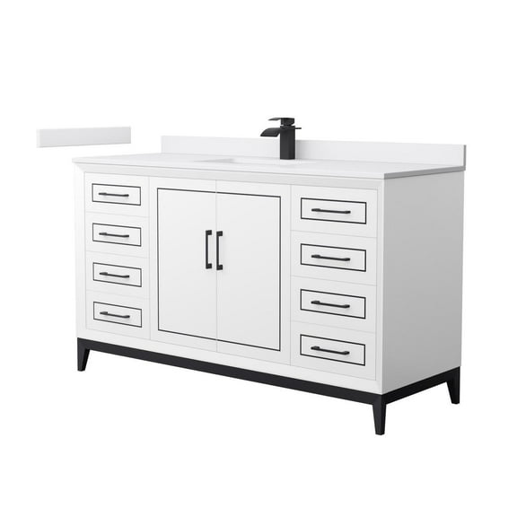 HomeStock Old World Opulence 60 Inch Single Bathroom Vanity in White, White Cultured Marble Countertop, Undermount Square Sink, Matte Black Trim