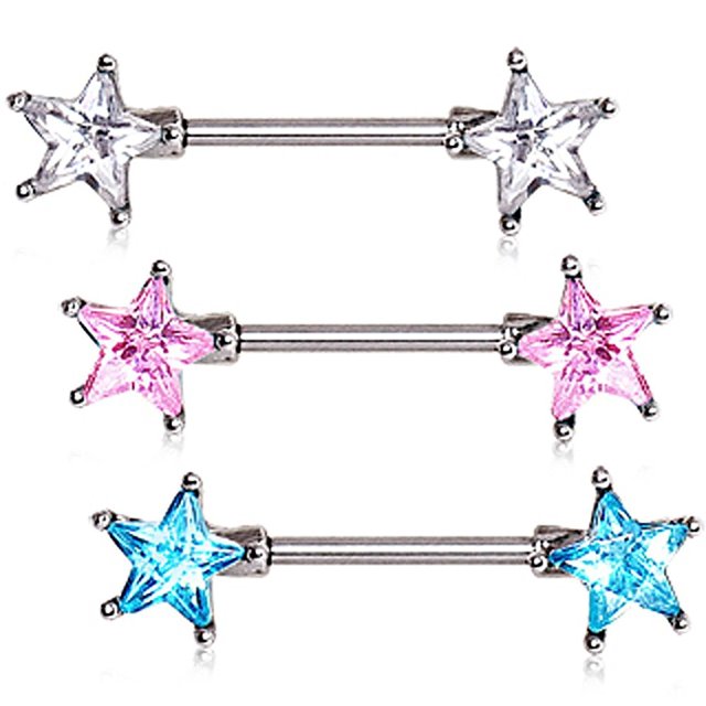 Double Front Facing Star CZ Prongs Nipple Bar 14G 1/2" Length 2pc