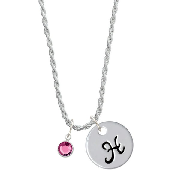 Delight Jewelry Crystal Hot Pink Channel Drop Silvertone Script Initial Disc - H - Charm Necklace, 20"+3"
