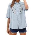 thumbnail image 2 of Endives Womens Cotton Linen Shirt Lapel Embroidered Button Down Shirt 3/4 Sleeve Bteathable Shirt Blouse for Women Spring Trendy Blue, 2 of 5