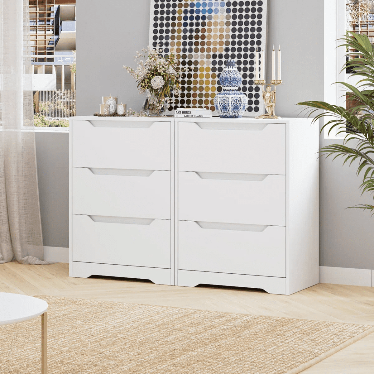 Homfa 3 Drawer White Dresser, 23.6”W Nightstand, Wood Chest of Drawer with Cutout Handles for Bedroom Living Room