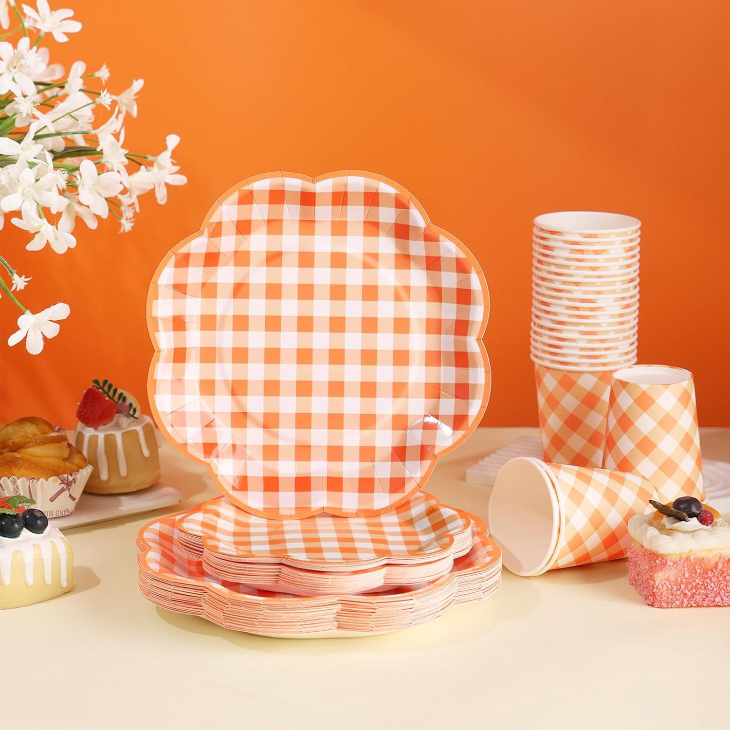 175 Pcs Orange and White Gingham Party Supplies - Orange Gingham Paper Plates and Napkins Sets Serve 25 - Disposable Scalloped Checkered Plates for Birthday Dinner Picnic BBQ Fall Party Decorations
