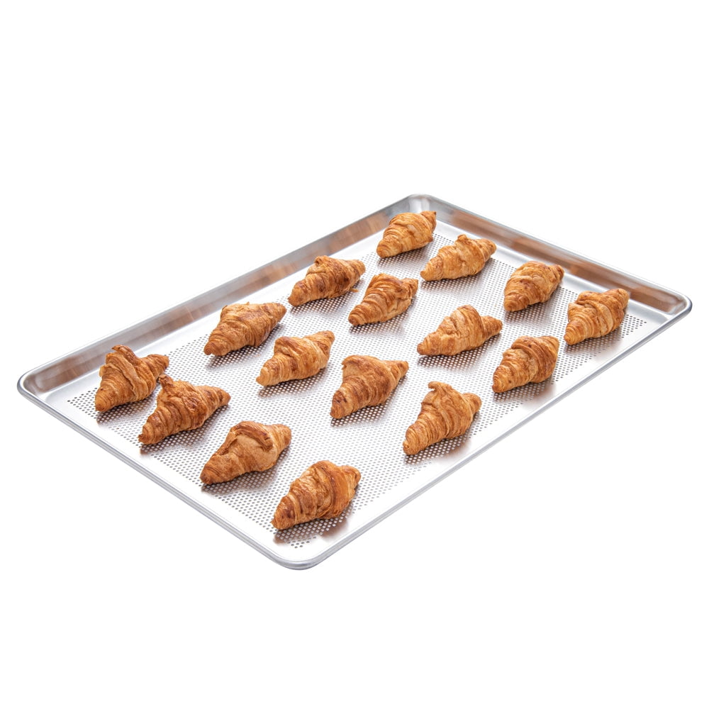 Restaurantware-Met Lux 26 x 18 x 1 Inch Baking Sheet Pan, 1 Perforated High Temp Baking Sheet - Full-Size, Freezable, Silver Aluminum Potato Chip Baking Tray