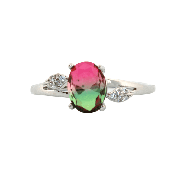 Oval Watermelon Tourmaline & Topaz Silver Ring, Size 6 163