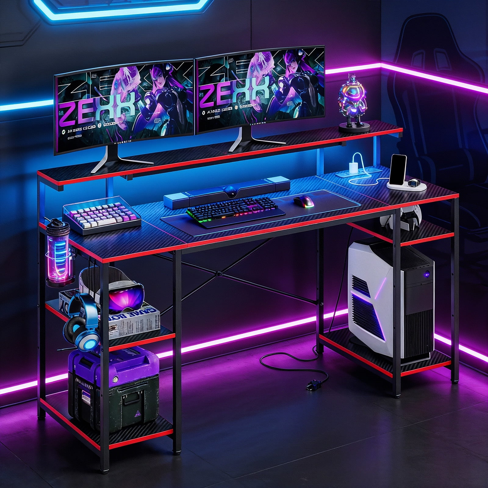 Bestier 55" Gaming Desk with LED Light & Monitor Stand Computer Desk Corner Desk for Home Office, Black & Crimson Carbon Fiber