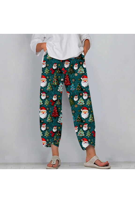 Women's Christmas Print Wide Leg Pants, Comfortable Casual with Slim Fit, Pockets and Elastic Waistband, for Everyday Wear